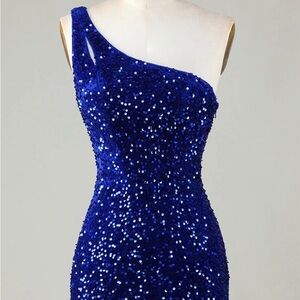 Elegant Blue Sequin One-Shoulder Dress